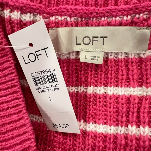 NWT LOFT Neon Pink and White Striped Relaxed V-Neck Cardigan - Picture 6 of 10